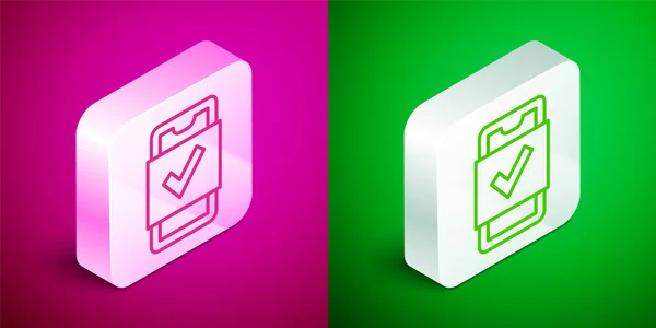 Isometric line Mobile phone shopping icon isolated on pink and green background. Online buying symbol. Supermarket basket symbol. Silver square button. Vector — 图库矢量图片