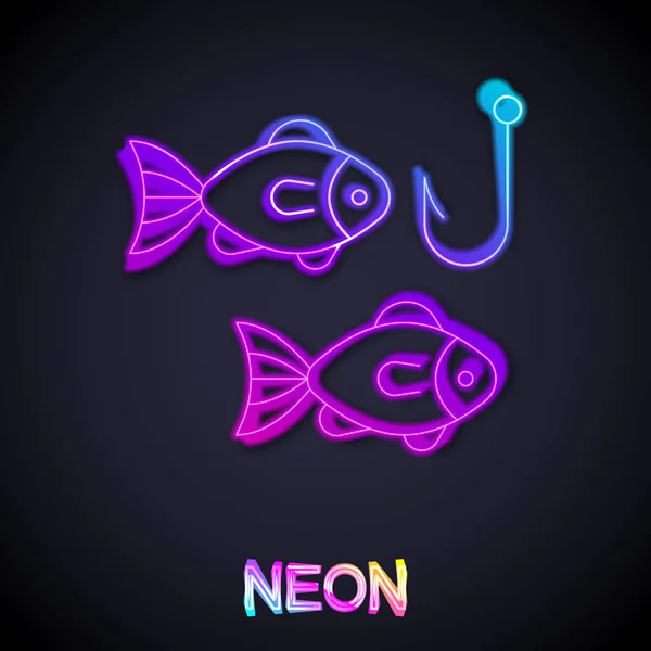 Glowing neon line Fishing hook under water with fish icon isolated on black background. Fishing tackle. Vector — Stockový vektor