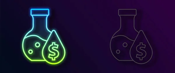 Leuchtende Neon-Linie Öl-Benzin-Reagenzglas-Symbol isoliert auf schwarzem Hintergrund. Cmemistry Kolben und fallenden Tropfen. Vektor — Stockvektor