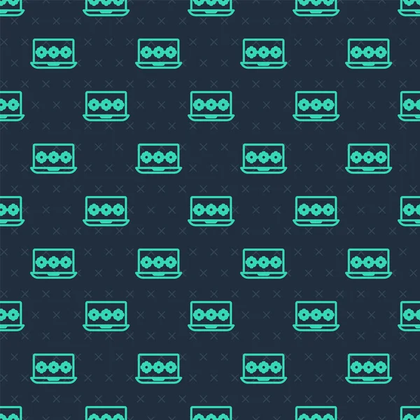 Green line Laptop with password notification icon isolated seamless pattern on blue background. Security, personal access, user authorization, login form. Vector — Vetor de Stock
