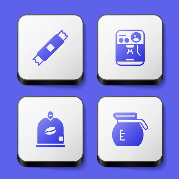 Set Sugar stick packets, Coffee machine, Bag coffee beans and pot icon. White square button. Vector — 스톡 벡터