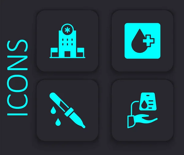 Set Blood donation, Hospital building, test and Pipette icon. Black square button. Vector — Stockvektor