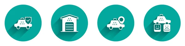 Set Taxi car insurance, Garage for taxi, elhelyezkedés és szolgáltatás értékelés ikon hosszú árnyék. Vektor — Stock Vector