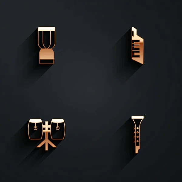 Set African djembe drum, Keytar, Conga drums and Clarinet icon with long shadow. Vector — Vetor de Stock