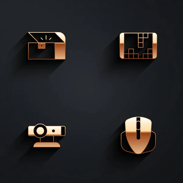 Set Chest for game, Portable video console, Web camera and Computer mouse icon with long shadow. Vector — Vetor de Stock