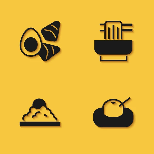 Set Chicken egg with vegerables, Mochi, Rice in bowl and Asian noodles icon with long shadow. Vector — Stok Vektör