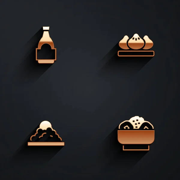 Set Soy sauce bottle, Dumpling, Rice bowl and Chow mein on plate icon with long shadow. Vector — Stockvektor