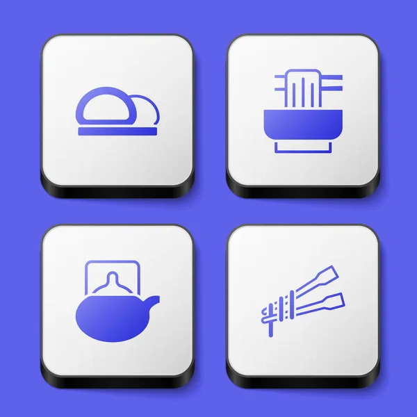 Set Sushi, Asian noodles in bowl, Traditional tea ceremony and Food chopsticks with icon. White square button. Vector — Vetor de Stock