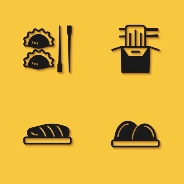 Set knedlík s hůlkami, sushi, rybí steak a asijské nudle papírové krabice ikony s dlouhým stínem. Vektor — Stockový vektor