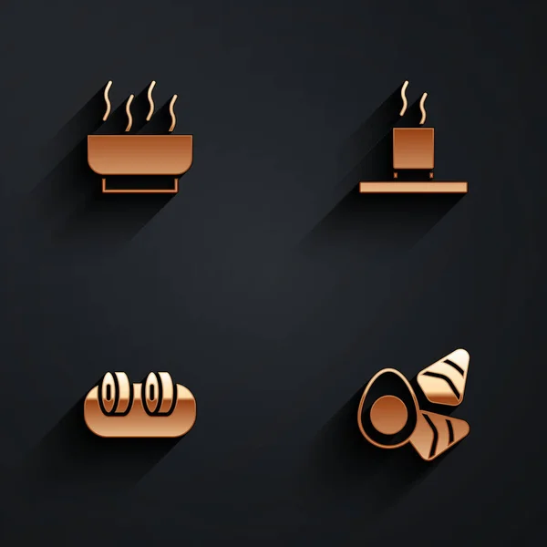 Set Ramen Suppenschale, Tasse Tee, Sushi und Hühnerei mit Gemüse-Symbol mit langem Schatten. Vektor — Stockvektor