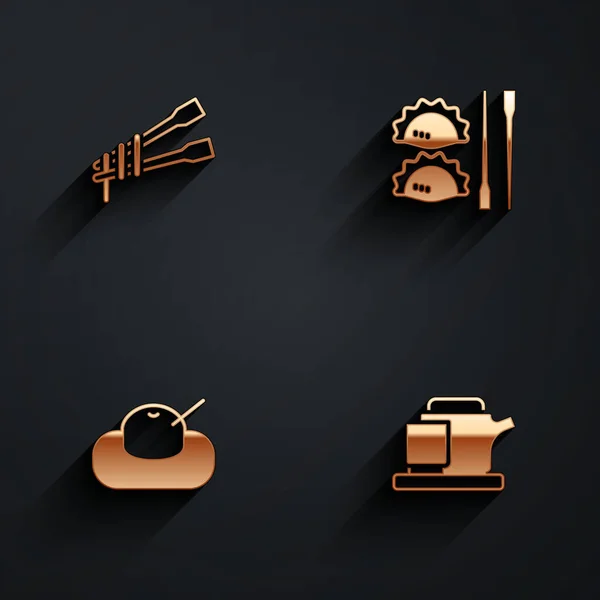 Set Food chopsticks with noodles, Dumpling, Mochi and Traditional tea ceremony icon with long shadow. Vector — Vector de stock