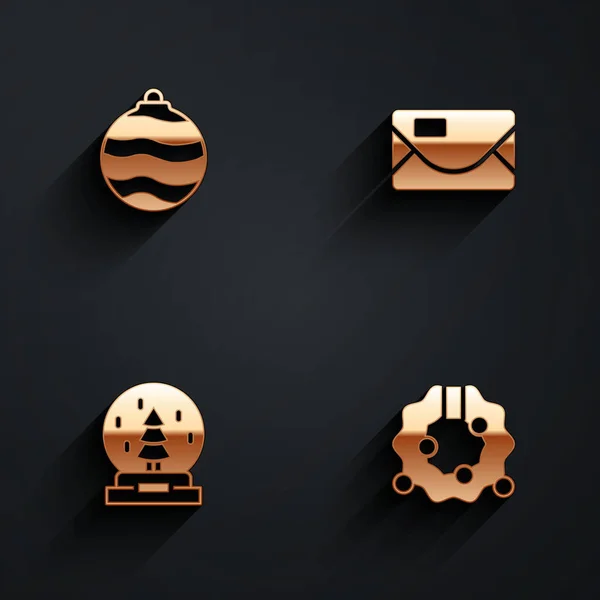 Set Christmas ball, Envelope, snow globe and wreath icon with long shadow. Vector — 스톡 벡터
