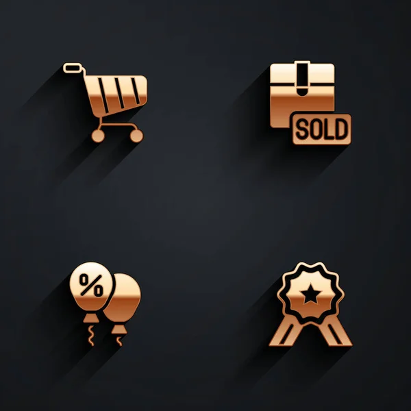 Set Shopping cart, Sold, Discount percent tag and Stars rating icon with long shadow. Vector — 스톡 벡터