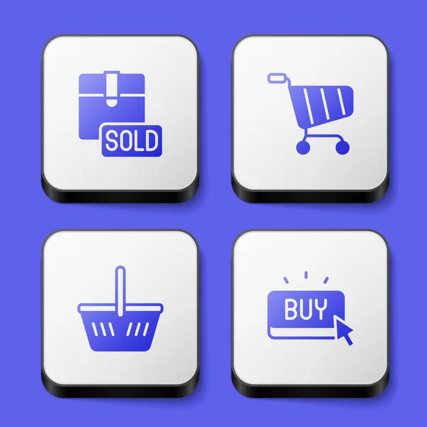 Set Sold, Shopping cart, basket and Buy button icon. White square button. Vector — Vettoriale Stock