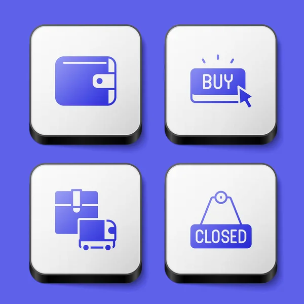 Set Wallet, Buy button, Delivery cargo truck and Hanging sign with text Closed icon. White square button. Vector — Vettoriale Stock