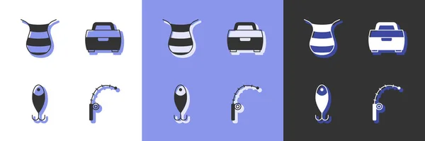 Set Fishing rod, net, lure and Case or box for fishing equipment icon. Vector — Stockvektor