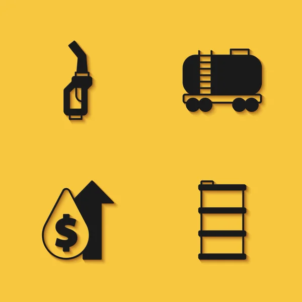Set Gasoline pump nozzle, Barrel oil, Oil price increase and railway cistern icon with long shadow. Vector — 스톡 벡터