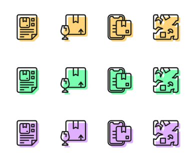 Set line Document tracking marker, Waybill, Package box with fragile content and Broken cardboard icon. Vector
