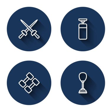 Çizgi eskrim, kum torbası, Dumbbell ve uzun gölgeli. Mavi daire düğmesi. Vektör