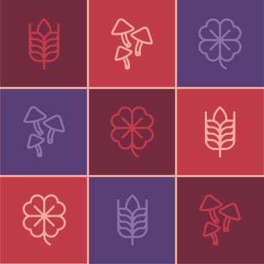 Set line Wheat, Four leaf clover and Mushroom icon. Vector