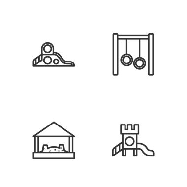 Set line Slide playground, Sandbox with sand, and Gymnastic rings icon. Vector