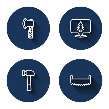 Set line Wooden axe, Location of the forest, Hammer and Two-handed saw with long shadow. Blue circle button. Vector