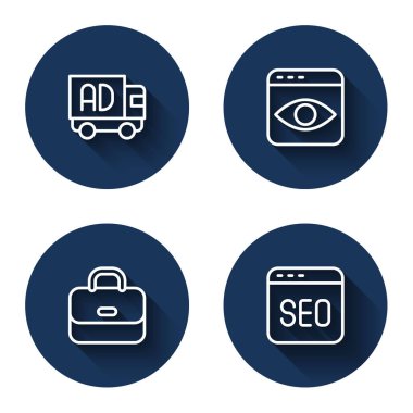 Set line Advertising on truck, Personal information collection, Briefcase and SEO optimization with long shadow. Blue circle button. Vector