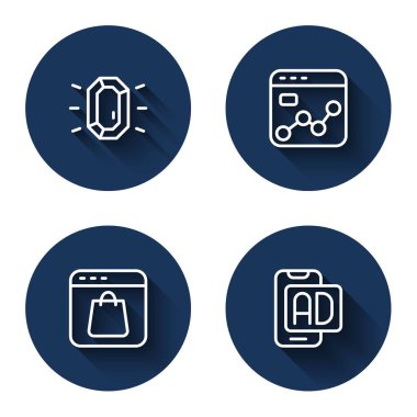 Set hattı Diamond, pazar analizi, online alışveriş ekranı ve uzun gölgeli reklamcılık. Mavi daire düğmesi. Vektör