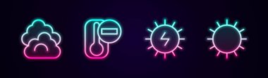 Set line Cloud, Thermometer, Solar energy panel and Sun. Glowing neon icon. Vector