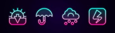 Set line Sunset, Umbrella, Hail cloud and Lightning bolt. Glowing neon icon. Vector