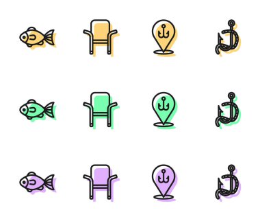 Set line Fishing hook, Camping folding chair and and worm icon. Vector