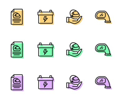 Hat çizgisi yarış kaskı, araba aküsü ve ayna ikonu. Vektör