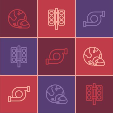 Set line Racing helmet, Automotive turbocharger and traffic light icon. Vector