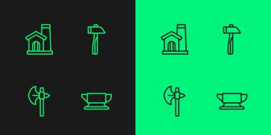 Demirci örgüsü örs aleti, ortaçağ baltası, Smithy atölyesi iç mimarisi ve Hammer ikonu. Vektör