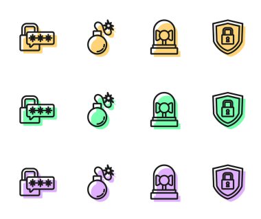 Set line Ringing alarm bell, Cyber security, Bomb and Shield with lock icon. Vector