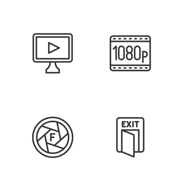 Set line Fire exit, Camera shutter, Online play video and Full HD 1080p icon. Vector — Stockvektor