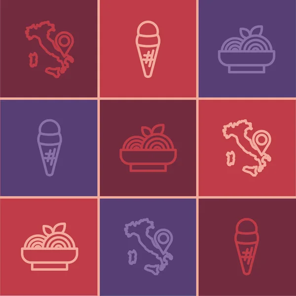 Set line Map of Italy, Pasta spaghetti and Ice cream in waffle icon. Vector — стоковий вектор