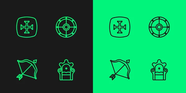 Set line Medieval throne, bow and arrow, Crusade and Round shield icon. Vector — Vetor de Stock