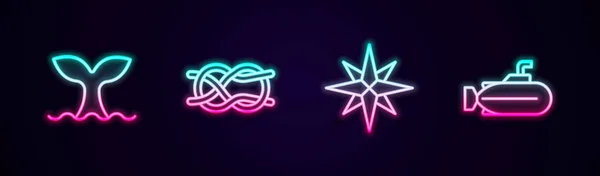 Set line Whale tail, Nautical rope knots, Wind rose and Submarine. Glowing neon icon. Vector — стоковый вектор