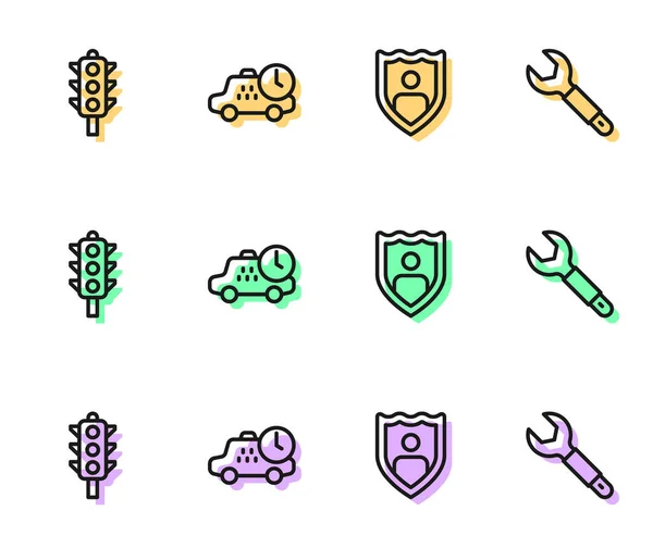 Set line Life insurance with shield, Traffic light, Taxi waiting time and Wrench spanner icon. Vector — Stockový vektor