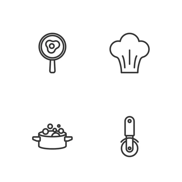 Set line Pizza knife, Cooking pot, Fried eggs on frying pan and Chef hat icon. Vector — Stockvektor