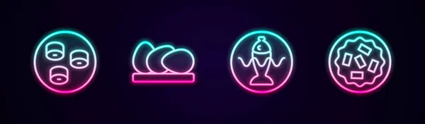 Linia sushi, jajko z kurczaka, podana ryba na talerzu i domowe ciasto. Świecąca neonowa ikona. Wektor — Wektor stockowy