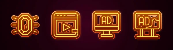 Set line Diamond, Video advertising, Advertising and . Glowing neon icon. Vector — Stockvektor