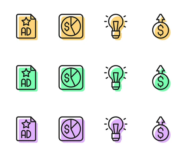 Set line Light bulb, Advertising, Market analysis and Financial growth dollar icon. Vector — стоковый вектор