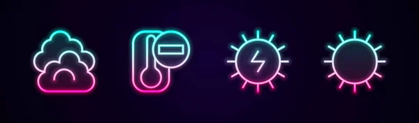 Set line Cloud, Thermometer, Solar energy panel and Sun. Glowing neon icon. Vector - Stok Vektor
