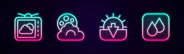 Set line Weather forecast, Cloud with moon, Sunset and Water drop. Glowing neon icon. Vector — Stock Vector