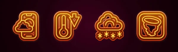 Set line Weather forecast app, Thermometer, Cloud with snow and Tornado. Glowing neon icon. Vector — Stok Vektör
