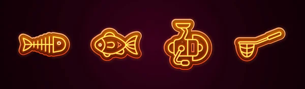 Set line Fish skeleton, Spinning reel for fishing and Fishing net. Glowing neon icon. Vector - Stok Vektor