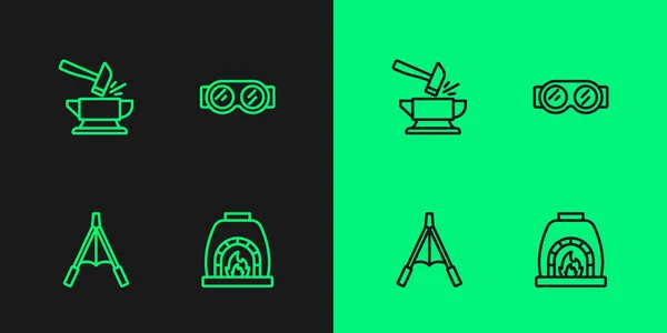 Set line Horno herrero, fuelle soplador de aire, yunque y martillo y gafas de soldadura icono. Vector — Vector de stock