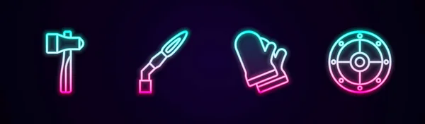 Set line Hammer, Welding torch, Protective gloves and Round shield. Glowing neon icon. Vector — Wektor stockowy